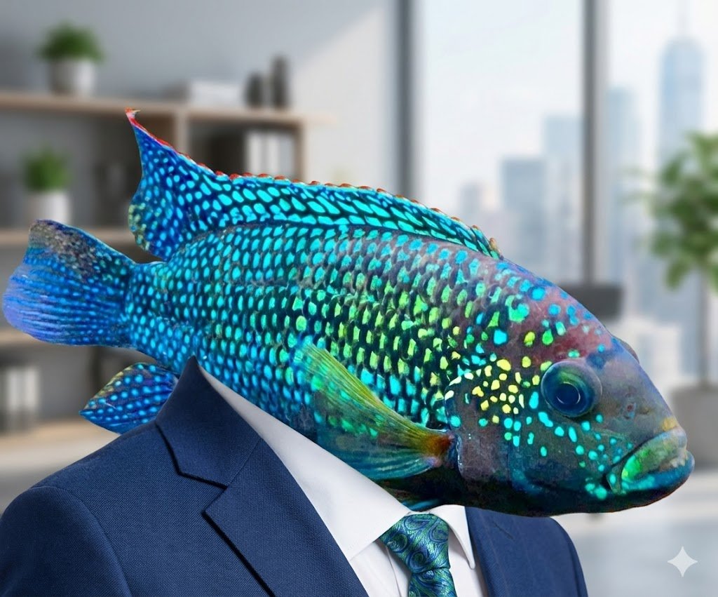 Jack Dempsey - CEO of CichlidInc in his corner office, wearing a power suit